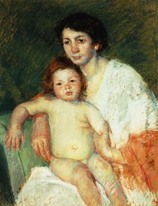 Nagie dziecko na kolanach matki opierające prawe ramię na oparciu krzesła, 1913 autorstwa Mary Cassatt