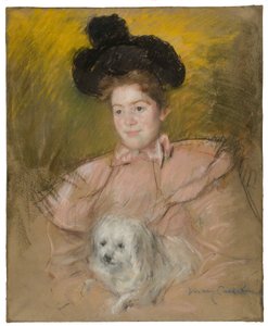Kobieta w malinowym stroju trzymająca psa, ok. 1930 r. 1901. autorstwa Mary Cassatt