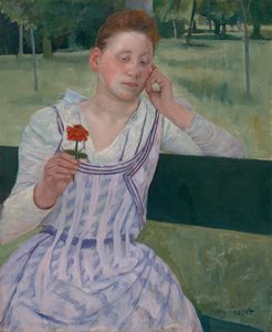 Kobieta z czerwoną cynią (Zamyślenie) autorstwa Mary Cassatt