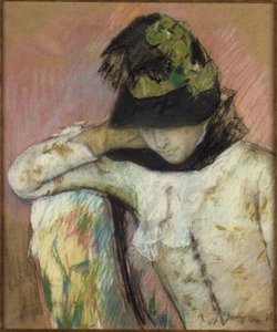 Młoda kobieta w czarnym i zielonym czepku, spoglądająca w dół autorstwa Mary Cassatt