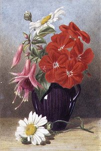 Pelargonie i fuksje w szkliwionym fioletowym dzbanku