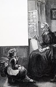 Babcia badająca starania dziecka na drutach autorstwa Mary Ellen Edwards