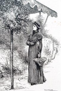 Kobieta kupuje ostrokrzew do ozdób choinkowych. Mary Ellen Edwards (1838-1934), angielska artystka autorstwa Mary Ellen Edwards