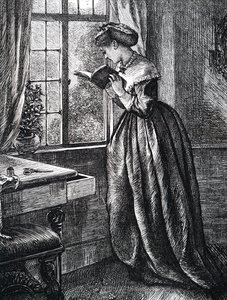 Młoda kobieta czyta przy otwartym oknie. autorstwa Mary Ellen Edwards