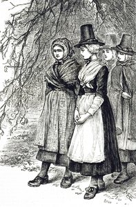 Rycina przedstawiająca walijskie dziewczęta na targach Hollantide, targach pracy, które czekają na zaręczyny jako pomoc domowa. Ilustrowana przez Mary Ellen Edwards (1838-1934) angielską artystkę i ilustratorkę książek dla dzieci autorstwa Mary Ellen Edwards