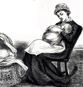 Grawerunek przedstawiający matkę kołyszącą dziecko. Ilustrowana Mary Ellen Edwards (1838-1934) angielska artystka i płodna ilustratorka książek dla dzieci autorstwa Mary Ellen Edwards