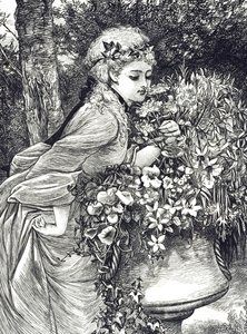 Rycina przedstawiająca młodą dziewczynę wąchającą kwiaty w ogrodowej urnie. Ilustrowana przez Mary Ellen Edwards (1838-1934) angielską artystkę i ilustratorkę książek dla dzieci autorstwa Mary Ellen Edwards