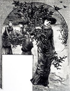Grawer przedstawiający kolekcję ostrokrzewów i zimozielonych do dekoracji świątecznych. Ilustrowana przez Mary Ellen Edwards (1838-1934) angielską artystkę i ilustratorkę książek dla dzieci autorstwa Mary Ellen Edwards