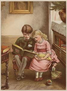 Chłopiec i dziewczynka czyta książkę (chromolitho) autorstwa Mary Ellen Edwards