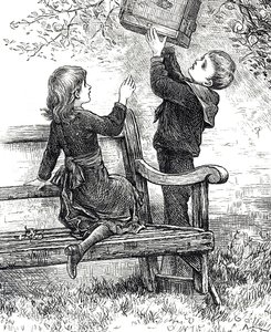 Grawerowanie przedstawiające dzieci z ich wróblem w klatce autorstwa Mary Ellen Edwards
