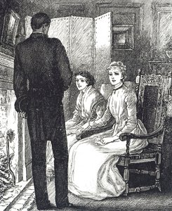 Grawer przedstawiający dwie kobiety ogrzewające się przy kominku autorstwa Mary Ellen Edwards