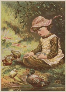 Dziewczynka karmiąca kaczątka (chromolitho)