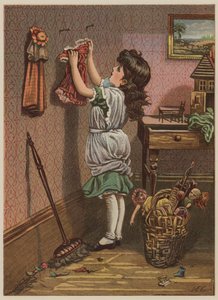 Dziewczyna wiesza ubrania dla lalek (chromolitho) autorstwa Mary Ellen Edwards