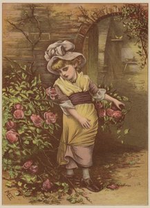 Dziewczyna zbierająca róże (chromolitho) autorstwa Mary Ellen Edwards