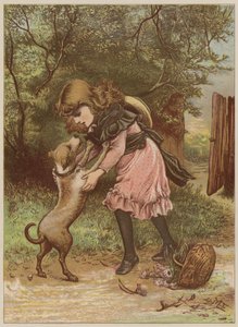 Dziewczyna bawi się z psem (chromolitho)