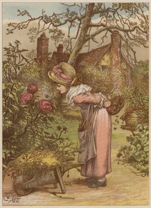 Dziewczyna obserwująca pszczołę w ogrodzie (chromolitho) autorstwa Mary Ellen Edwards