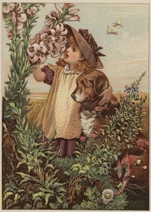 Dziewczyna z psem pachnącym kwiatami (chromolitho)