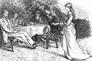 Ilustracja przedstawiająca rodzinę spożywającą śniadanie w ogrodzie autorstwa Mary Ellen Edwards