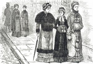 Ilustracja przedstawiająca młode kobiety z mufkami, aby ogrzać dłonie w chłodniejsze dni autorstwa Mary Ellen Edwards