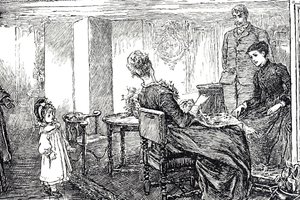 Ilustracja przedstawiająca małą dziewczynkę pod opieką ciotek i wujka na popołudnie autorstwa Mary Ellen Edwards