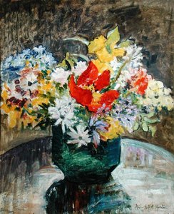 Kwiaty w zielonym wazonie (olej na płótnie) autorstwa Mary Ethel Hunter