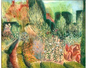 Great Dixter: Topiary i ścieżki, 2003 (olej na płycie) autorstwa Mary Kuper