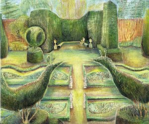 The Long Garden, Cliveden, ptaki, 2002 (olej na desce) autorstwa Mary Kuper