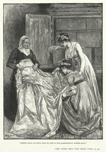 „Lisbeth otrząsnęła przed nimi fałdy sukni ślubnej ich babci” (rycina) autorstwa Mary L. Gow