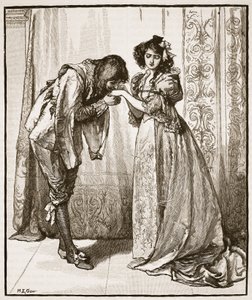 Pożegnanie księcia Karola z infantką, ilustracja z „Ilustrowanej historii Anglii Cassella” (zdjęcie w sepii) autorstwa Mary L. Gow