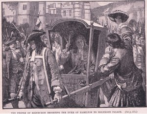 Mieszkańcy Edynburga eskortujący księcia Hamiltona do Pałacu Holyrood AD 1706 r. autorstwa Mary L. Gow