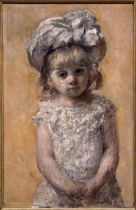 Portret dziewczyny lub koronkowa sukienka. Portret dziewczynki w białej sukni wygląda smutno. Obraz Amerykanki Mary Cassatt (1844-1926)