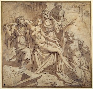 Pieta (pióro i brązowy tusz z brązowym rozmyciem na białym papierze)