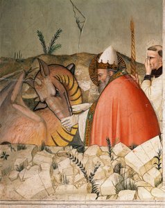 Epizody życia sylwestrowego: Papież Święty Sylwester I (Silvester lub Silvestro) (314-335) zamyka paszczę smoka. Szczegół. Fresk Maso di Banco (znany około 1341-1346) XIV-wieczna Florencja, Chiesa di Santa Croce, Cappella Bardi