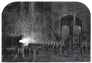 Proces toczenia płyt pancernych dla okrętów Jej Królewskiej Mości w hucie Alas w Sheffield, ilustracja z „The Illustrated London News”, 14 września 1861