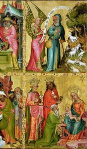 Zwiastowanie św. Joachimowi i Pokłon Trzech Króli, z lewego skrzydła Ołtarza Buxtehude, 1400-10 (tempera na desce) (detal z 159469) autorstwa Master Bertram of Minden
