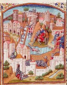 Podbój ufortyfikowanego miasta Miniatura zaczerpnięta z „Przypadków nieszczęść szlacheckich mężczyzn i kobiet” (De casibus) Giovanniego Boccaccio powiedział Jean Boccace (1313-1375), włoski pisarz, w tłumaczeniu Laurenta de Premierfait i oświetlony przez m