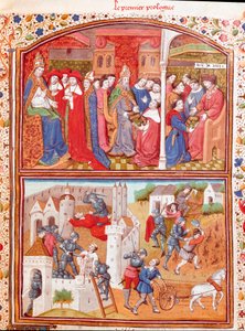 Prolog: autor przedstawia swoją książkę księciu Berry i scenę masakry oraczy Miniatura zaczerpnięta z „Przypadków nieszczęść szlachciców i kobiet” (De casibus) autorstwa Giovanniego Boccaccio dit Jean Boccace (1313-1375), włoskiego pisarza , przekład La