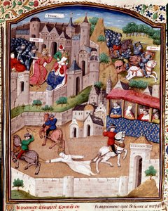 Udręka Brunehauta Merowingzka królowa Brunehilda (543-613) zostaje usunięta przez trzy konie na rozkaz króla Clotaire (Clothaire) Boccaccio (
