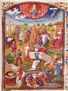 Wizja Boccace: scena tortur, powieszenia, masakry Miniatura zaczerpnięta z „Nieszczęsnych przypadków szlachetnych mężczyzn i kobiet” (De casibus) autorstwa Giovanniego Boccaccio dit Jean Boccace (1313-1375), włoskiego pisarza, przekład Laurent de Premierfa