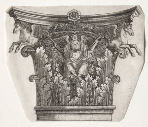 Podstawa i kapitał z postacią sławy i kapitałem skrzydlatych koni, ok. 1930 r. 1525-1550. autorstwa Master G. A. with the man