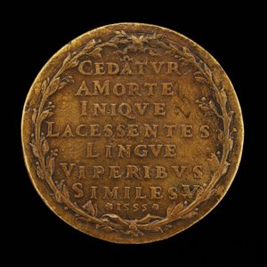 Napis w wieńcu laurowym [rewers], 1555. autorstwa Master I.A.V.F.