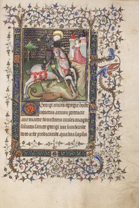 MS Widener 4 f.188r, Św. Jerzy walczący ze smokiem, z Godzinki, użycie Rennes, ok. 1405 (pióro i atrament oraz tempera na welinie) autorstwa Master Lucon