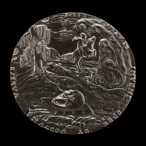 Książka, czaszka, kości i jeździec w krajobrazie [rewers], 1526. autorstwa Master M.P.
