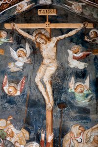 Szczegół ukrzyżowania przedstawiający Chrystusa z napisem INRI