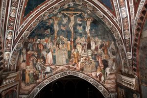 Fresk Ukrzyżowania Mistrza Sacro Speco. 14 wiek. Kościół Superior. Klasztor św Benedeta (Sacro Speco), Subiaco (Rzym), Włochy