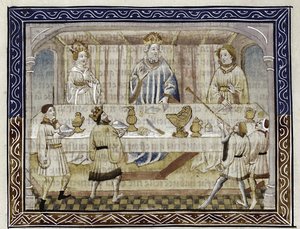 Cezar August, jego żona i syn przy stole Od: Jean Hayton, Kwiat opowieści z krainy Orientu, ok. 1410 autorstwa Master of Berry Apocalypse