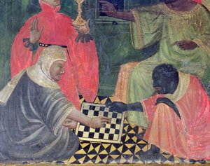Maur i chrześcijanin grający w szachy, z ołtarza św. Mikołaja, Claire i Antoniego Opata (tempera na panelu) autorstwa Master of Castellitx