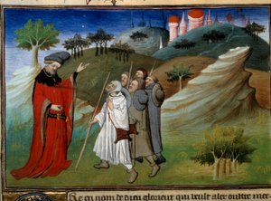 Des pelerins sur la route de la terre sainte Miniatura w „” Voyages”” napisana przez Jana (Jehan de Mandeville) (1300? - 1372), iluminowana przez mistrza z Egerton, ok. 1410-1412, ze zbioru rękopisów (Ms 2810 , Folio 142v.) „” Księga cudów i