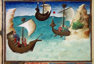 Nawigatorzy na Oceanie Indyjskim zorientowani na gwiazdy i astrolabium. Miniatura w „Księdze cudów świata”, Ms. 2810, folio 188v oświetlone przez Mistrza z Egerton, pisane John (Jehan) de Mandeville (1300? 1382). Około 1410-1412. BN, Paryż