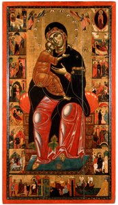 „Madonna z Dzieciątkiem na tronie z siedemnastoma scenami z życia Marii”, XIII w. autorstwa Master of Florence